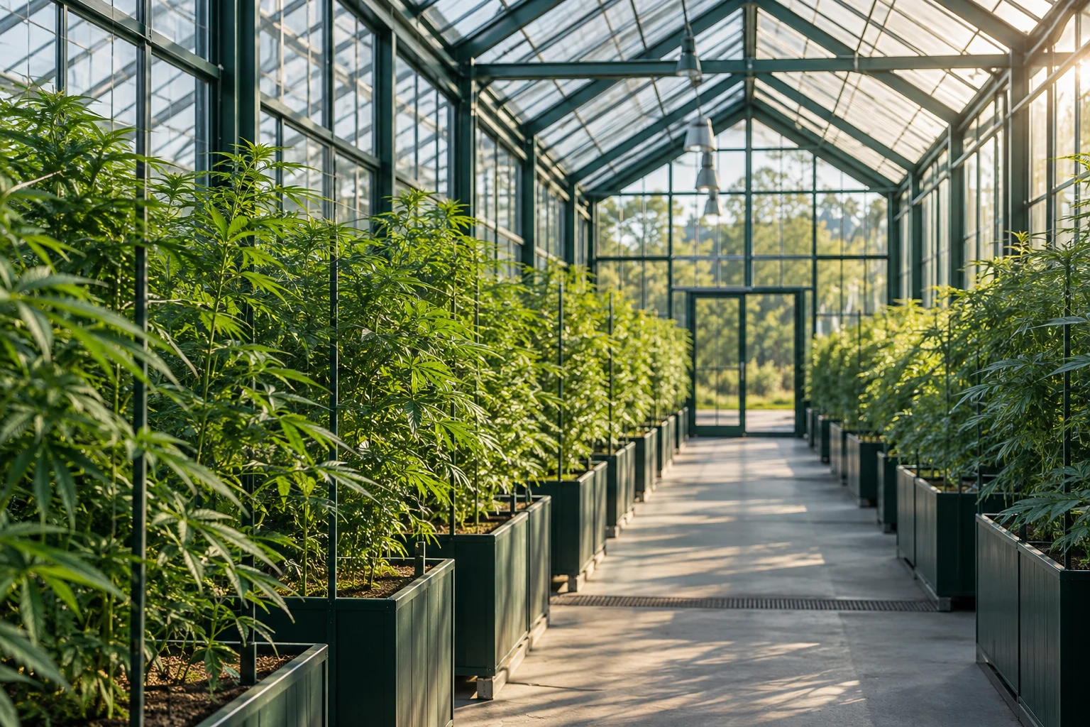 Sunlit greenhouse aisle between orderly rows of leafy hemp plants.